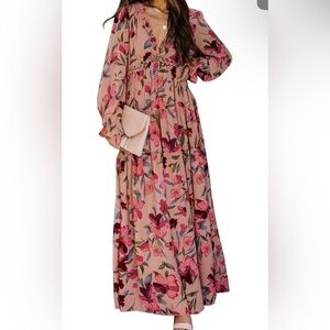 BLENCOT Boho Floral Printed V Neck Long Sleeve Long Maxi Dress